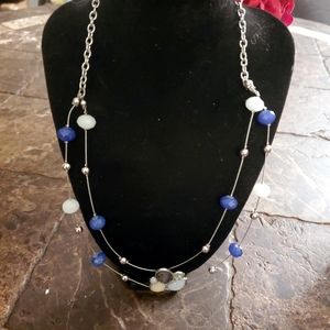 Blue White Silver Necklace on wire double strand with moonstone in the middle